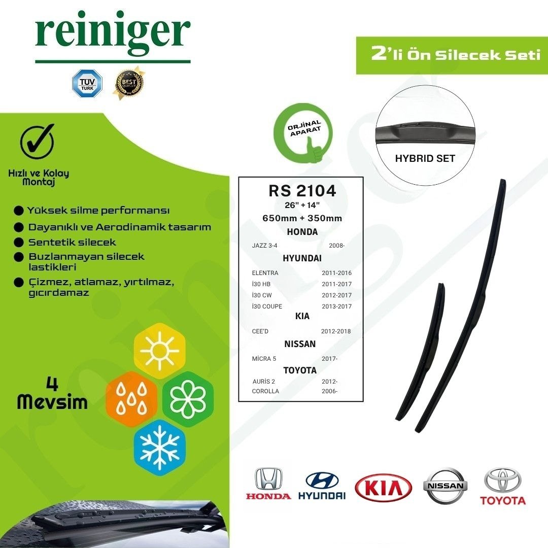 Reiniger Honda Jazz 3-4, Kia Ceed (12-18), Auris 2 (12-..), Corolla (06-..) Ön Silecek Takımı