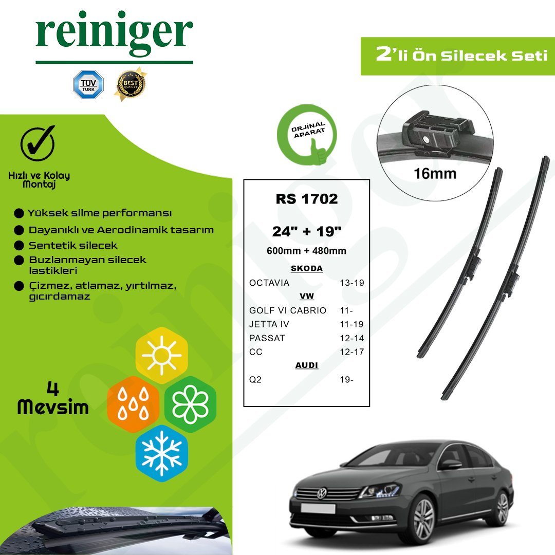 Reiniger Volkswagen Passat (2012-2014) Skoda Octavia (2013-...) Ön Silecek Takımı