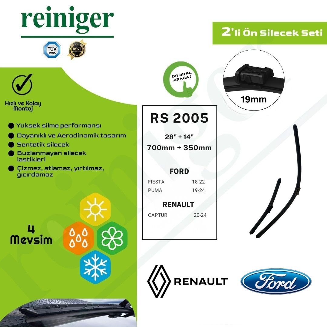 Reiniger Ford Fiesta (2018-2022), Puma (2019-24), Renault Captur (2020-24) Ön Silecek Takımı