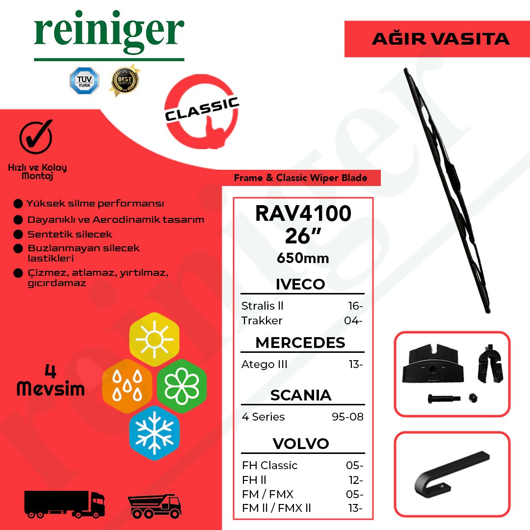 Reiniger Ağır Vasıta Silecek Süpürgesi 65 cm (MAN TGA, TGM, TGS, TGX; Volvo FH II, FH12, FH16, FM, FMX) RAV4100